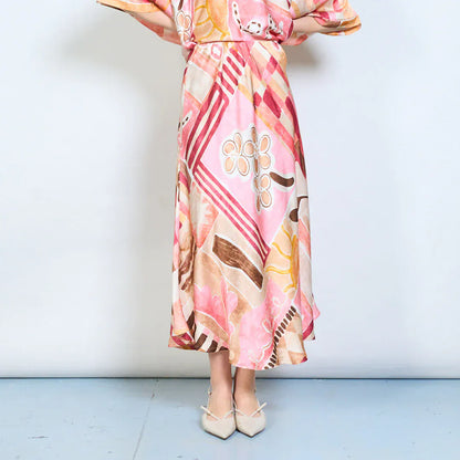 Abstract graphic flow elastic waist midi skirt wholesale - PINK - Pinkhill