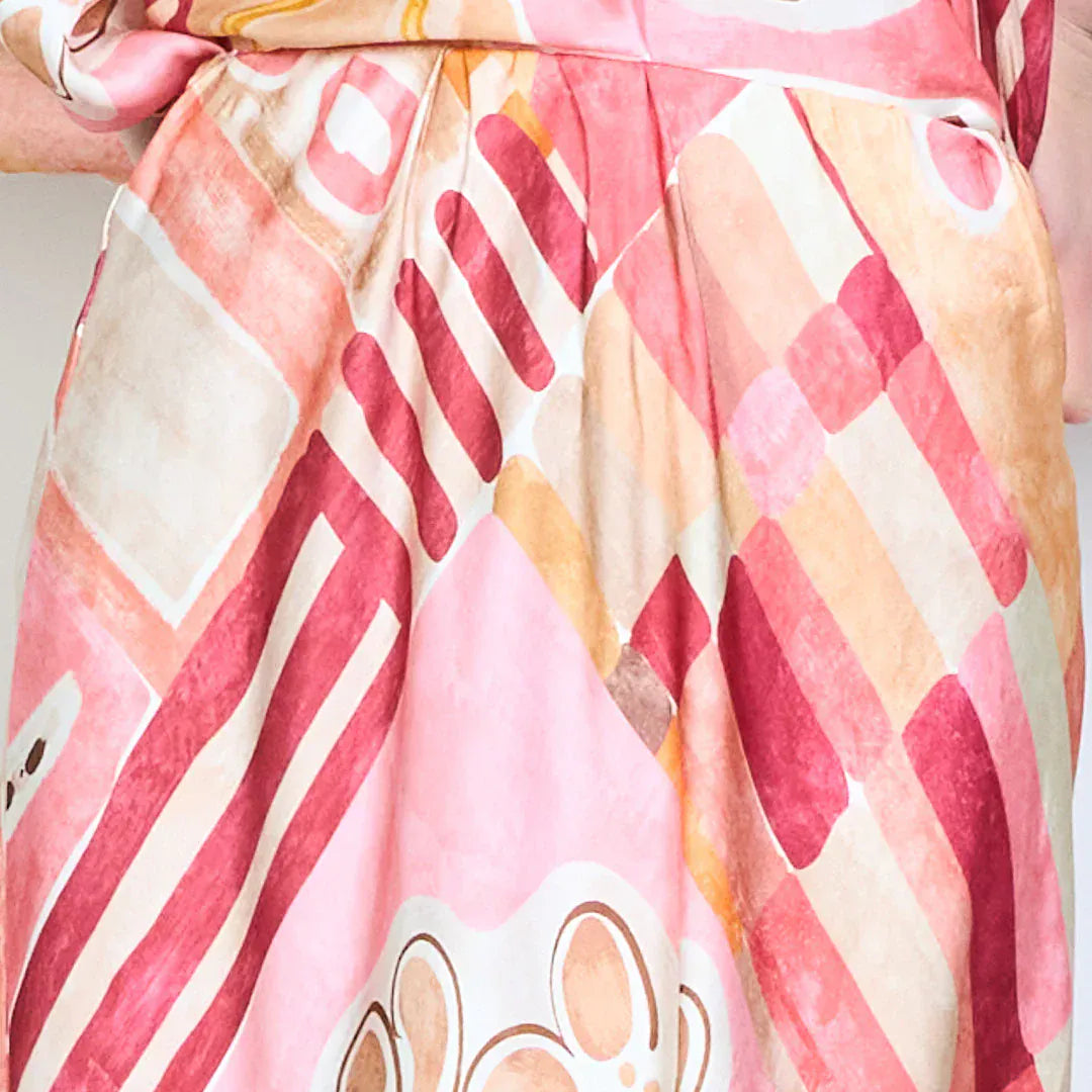 Abstract graphic flow elastic waist midi skirt wholesale - PINK - Pinkhill