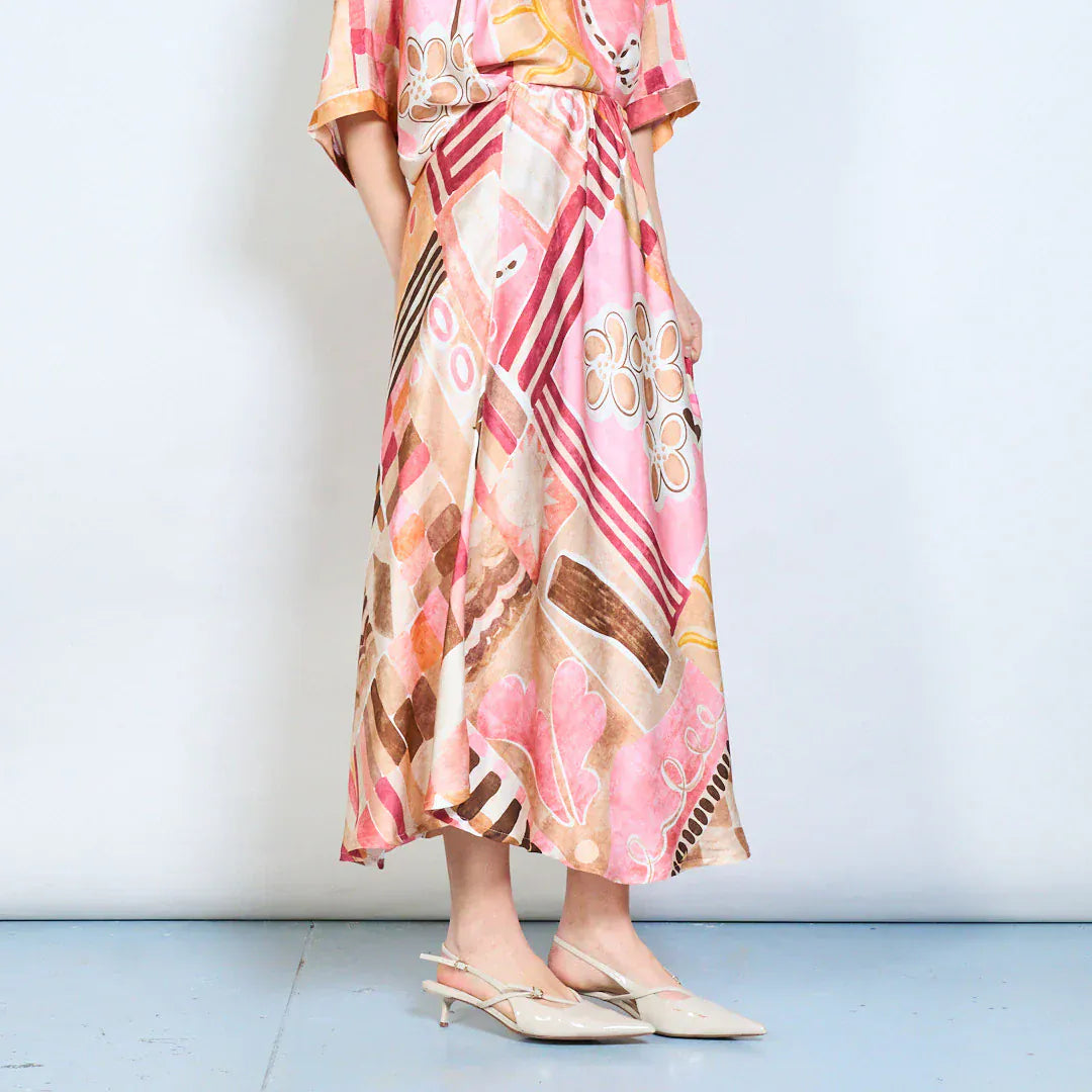 Abstract graphic flow elastic waist midi skirt wholesale - PINK - Pinkhill