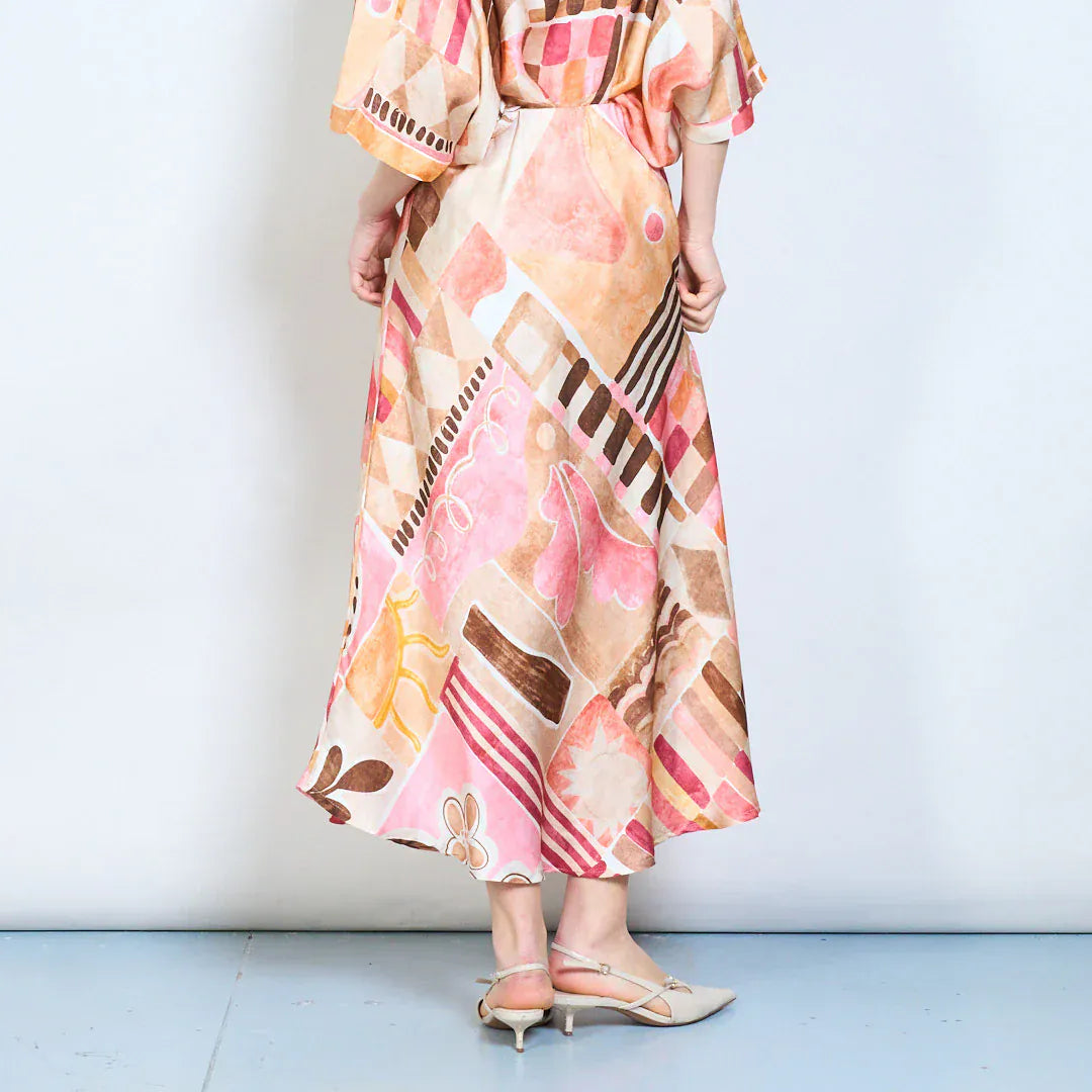 Abstract graphic flow elastic waist midi skirt wholesale - PINK - Pinkhill