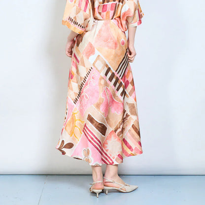 Abstract graphic flow elastic waist midi skirt wholesale - PINK - Pinkhill