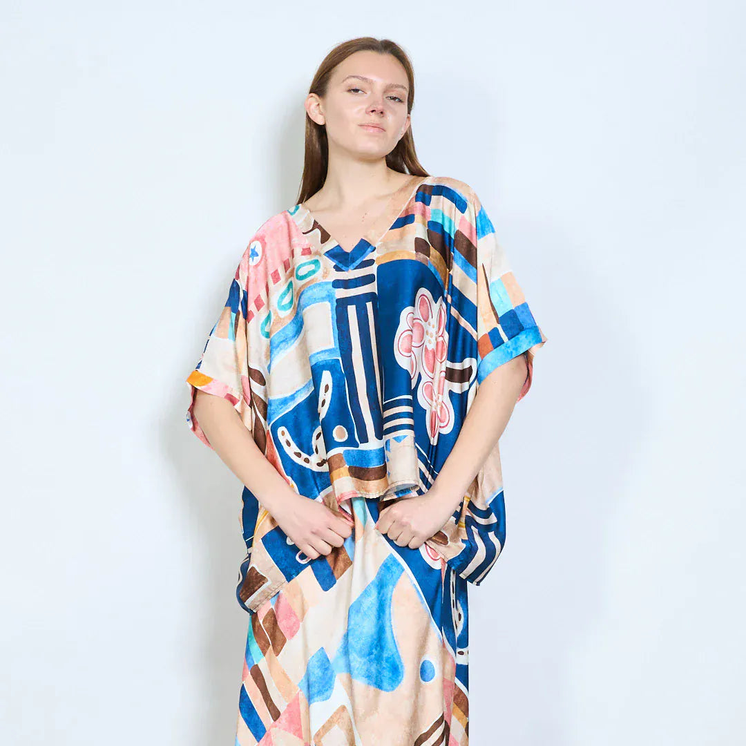 Abstract graphic v neck relaxed fit long sleeve blouse wholesale - DARKBLUE - Pinkhill