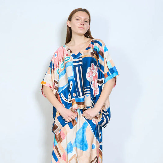 Abstract graphic v neck relaxed fit long sleeve blouse wholesale - DARKBLUE - Pinkhill