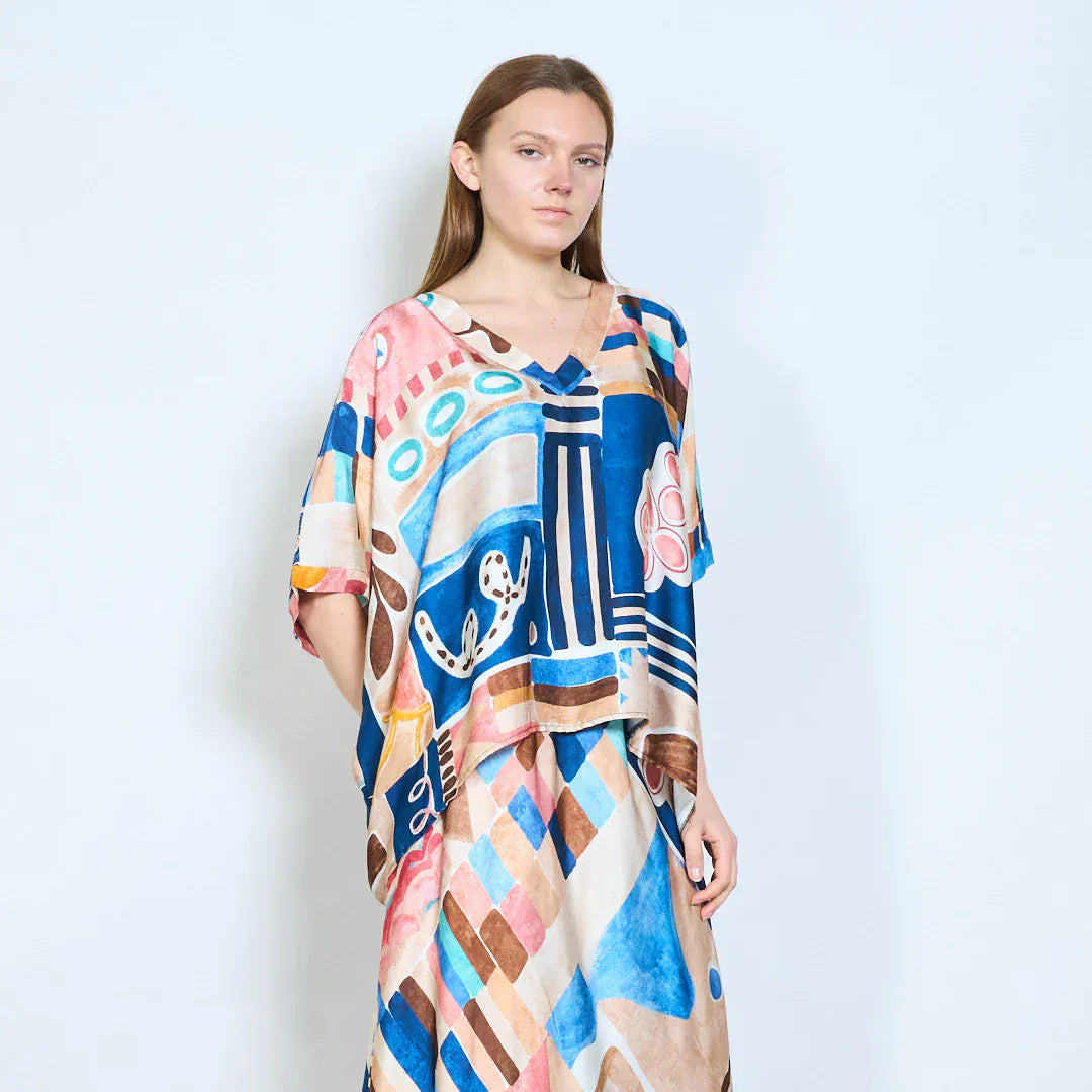 Abstract graphic v neck relaxed fit long sleeve blouse wholesale - DARKBLUE - Pinkhill