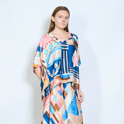 Abstract graphic v neck relaxed fit long sleeve blouse wholesale - DARKBLUE - Pinkhill