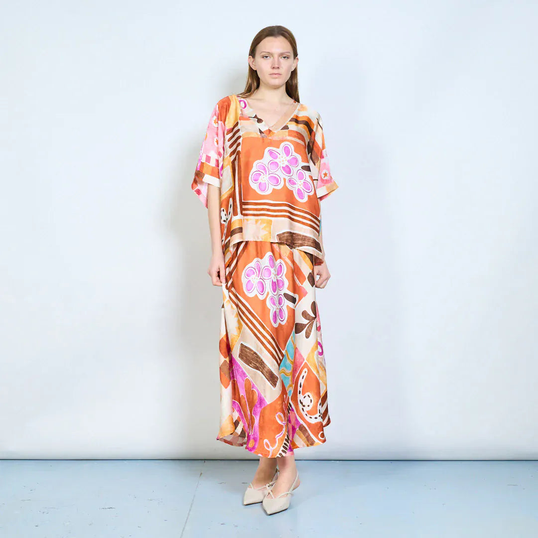 Abstract graphic v neck relaxed fit long sleeve blouse wholesale - ORANGE - Pinkhill