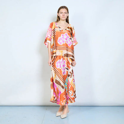 Abstract graphic v neck relaxed fit long sleeve blouse wholesale - ORANGE - Pinkhill