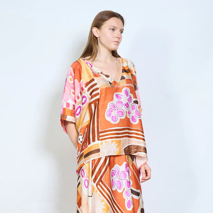 Abstract graphic v neck relaxed fit long sleeve blouse wholesale - ORANGE - Pinkhill