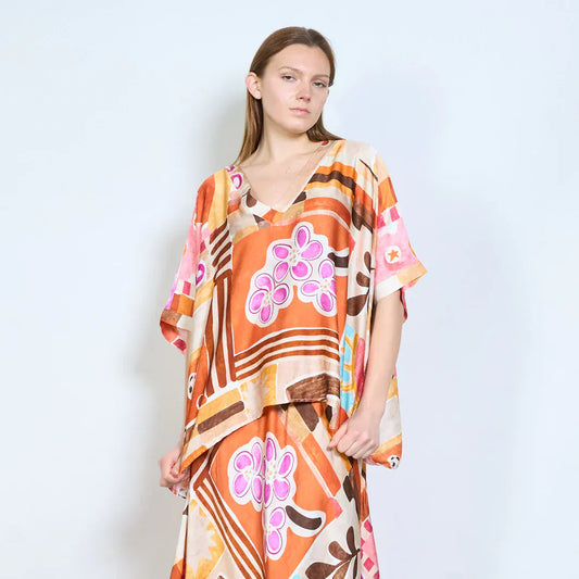 Abstract graphic v neck relaxed fit long sleeve blouse wholesale - ORANGE - Pinkhill