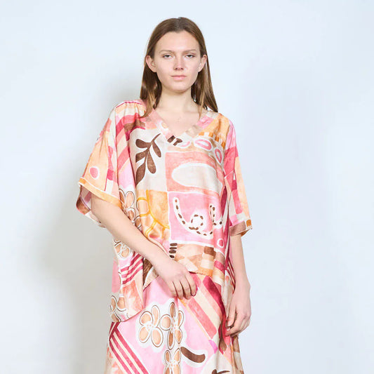 Abstract graphic v neck relaxed fit long sleeve blouse wholesale - PINK - Pinkhill