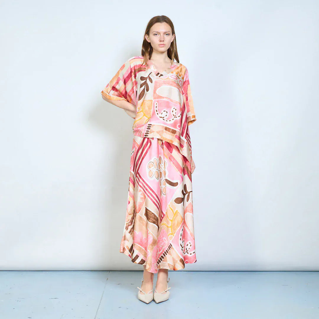 Abstract graphic v neck relaxed fit long sleeve blouse wholesale - PINK - Pinkhill