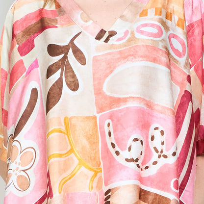 Abstract graphic v neck relaxed fit long sleeve blouse wholesale - PINK - Pinkhill