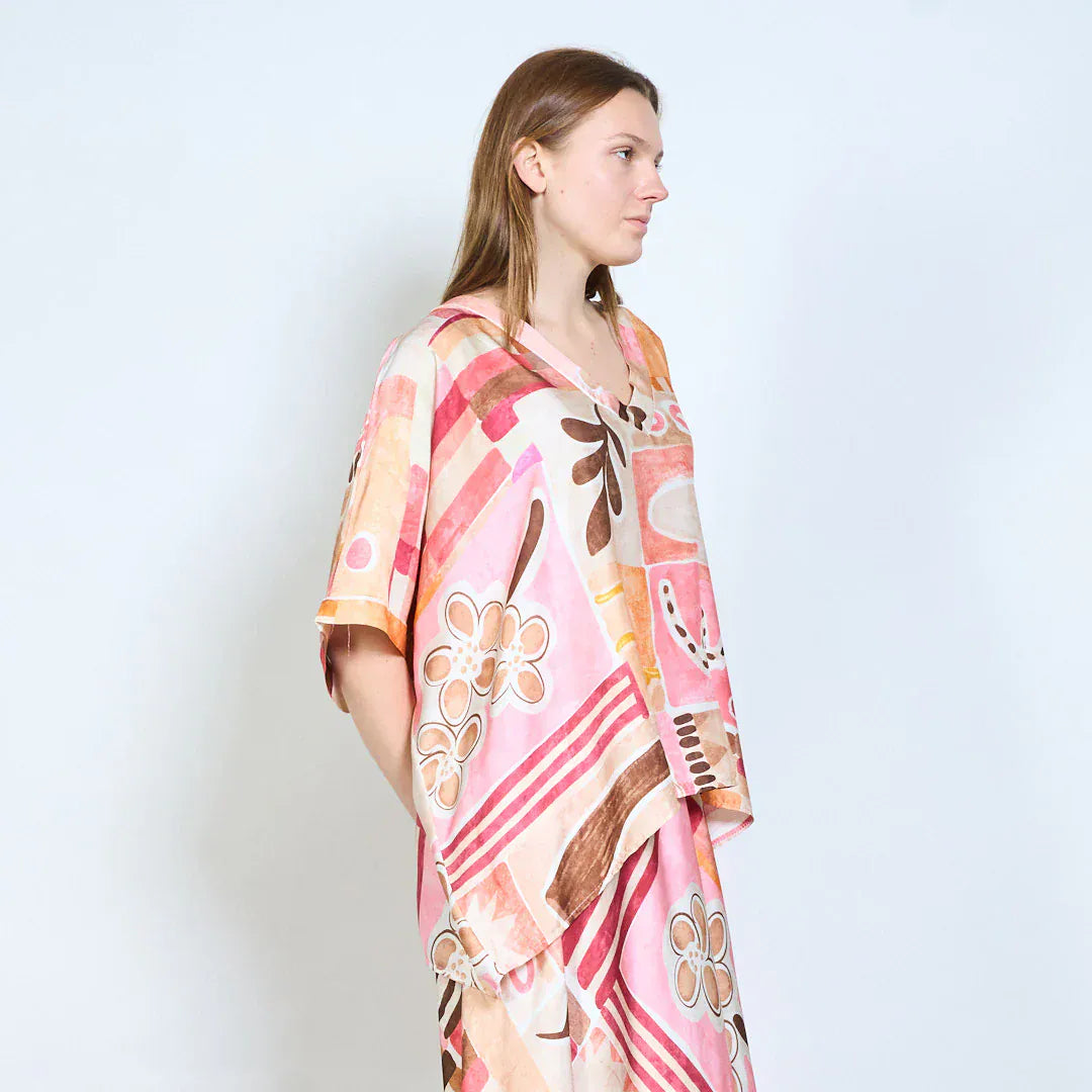 Abstract graphic v neck relaxed fit long sleeve blouse wholesale - PINK - Pinkhill