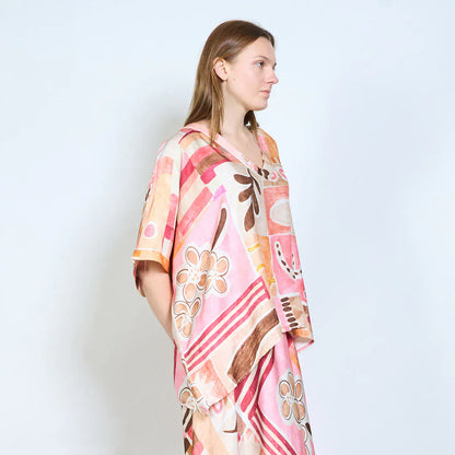 Abstract graphic v neck relaxed fit long sleeve blouse wholesale - PINK - Pinkhill