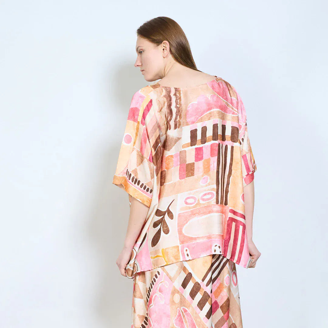 Abstract graphic v neck relaxed fit long sleeve blouse wholesale - PINK - Pinkhill