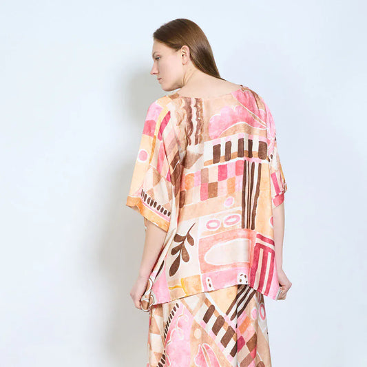 Abstract graphic v neck relaxed fit long sleeve blouse wholesale - PINK - Pinkhill