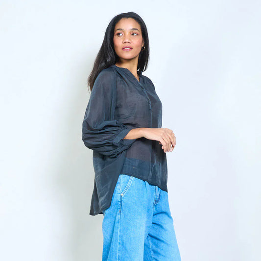 Button placket sheer long sleeve relaxed blouse wholesale - BLACK - Pinkhill