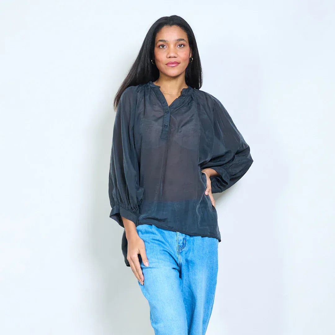 Button placket sheer long sleeve relaxed blouse wholesale - BLACK - Pinkhill