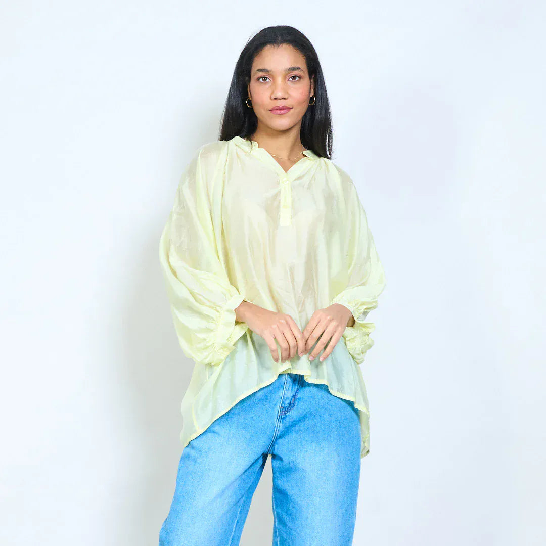 Button placket sheer long sleeve relaxed blouse wholesale - YELLOW - Pinkhill