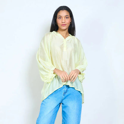 Button placket sheer long sleeve relaxed blouse wholesale - YELLOW - Pinkhill