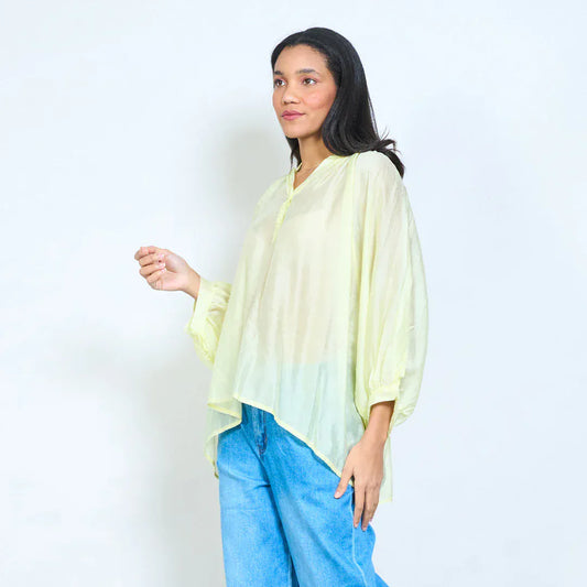 Button placket sheer long sleeve relaxed blouse wholesale - YELLOW - Pinkhill