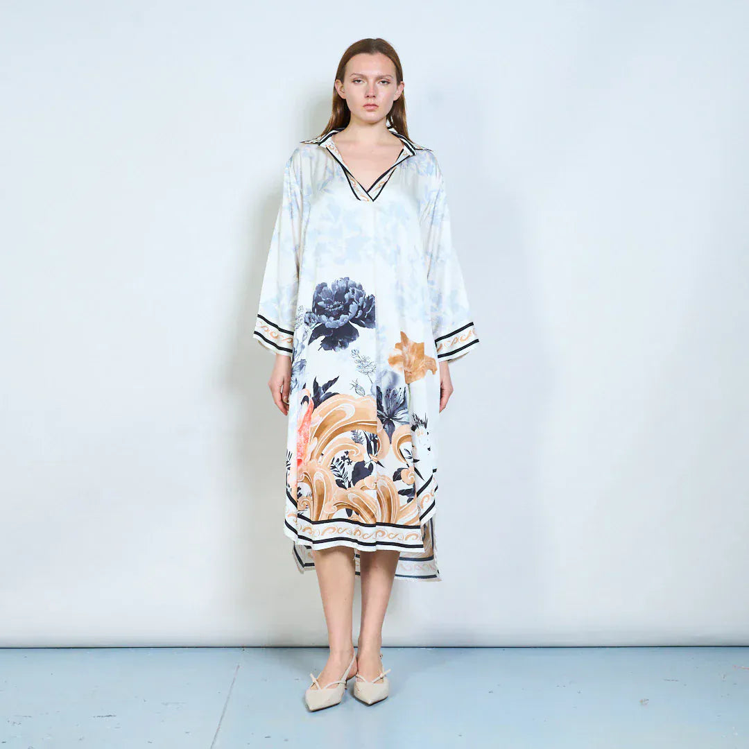 Floral animalia printed v neck long sleeve midi dress wholesale - BLACK - Pinkhill