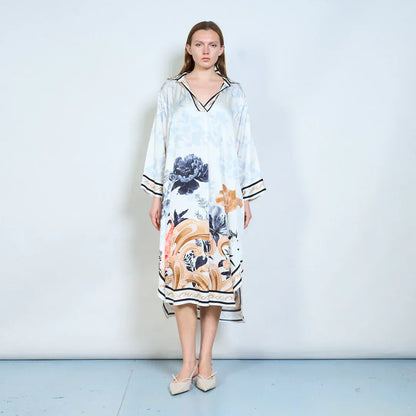 Floral animalia printed v neck long sleeve midi dress wholesale - BLACK - Pinkhill