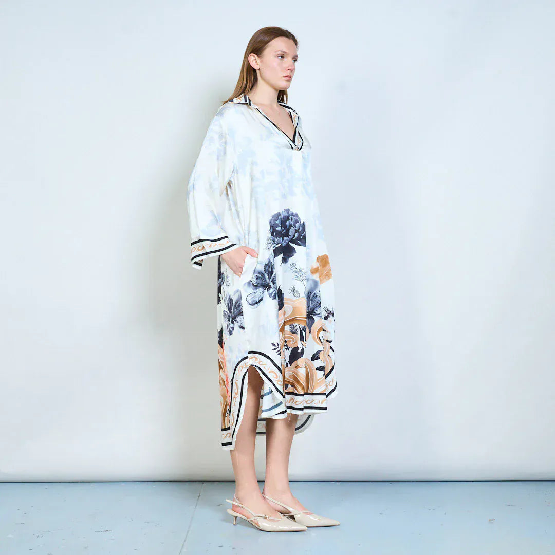 Floral animalia printed v neck long sleeve midi dress wholesale - BLACK - Pinkhill