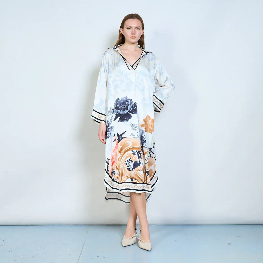 Floral animalia printed v neck long sleeve midi dress wholesale - BLACK - Pinkhill