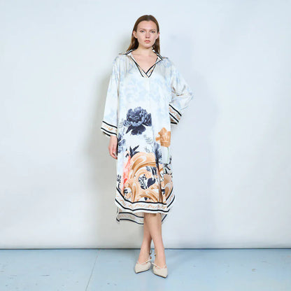 Floral animalia printed v neck long sleeve midi dress wholesale - BLACK - Pinkhill