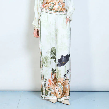 Floral border graphic elastic waist flow wide leg trousers wholesale - DARKOLIVE - Pinkhill