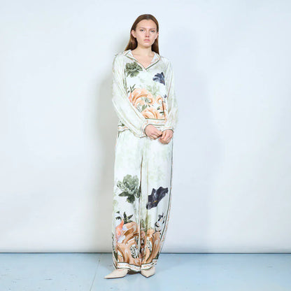 Floral border graphic elastic waist flow wide leg trousers wholesale - DARKOLIVE - Pinkhill