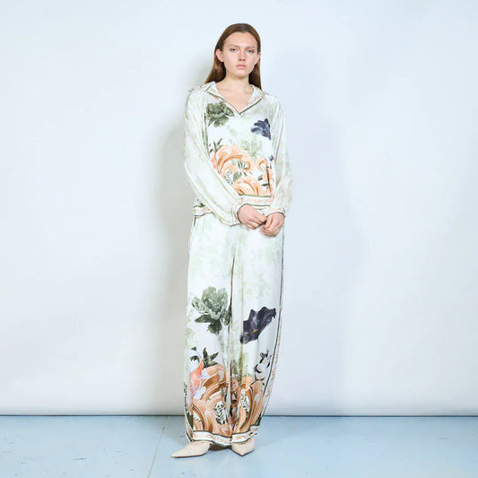 Floral border graphic elastic waist flow wide leg trousers wholesale - DARKOLIVE - Pinkhill