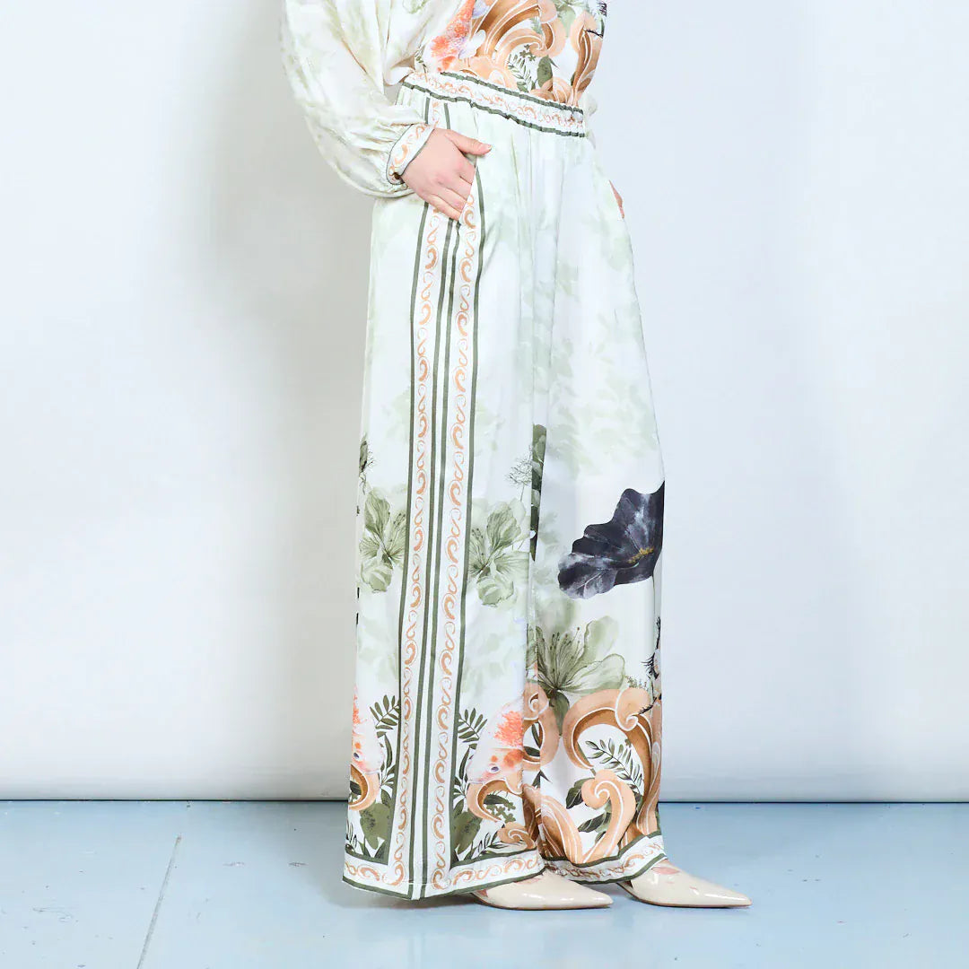 Floral border graphic elastic waist flow wide leg trousers wholesale - DARKOLIVE - Pinkhill