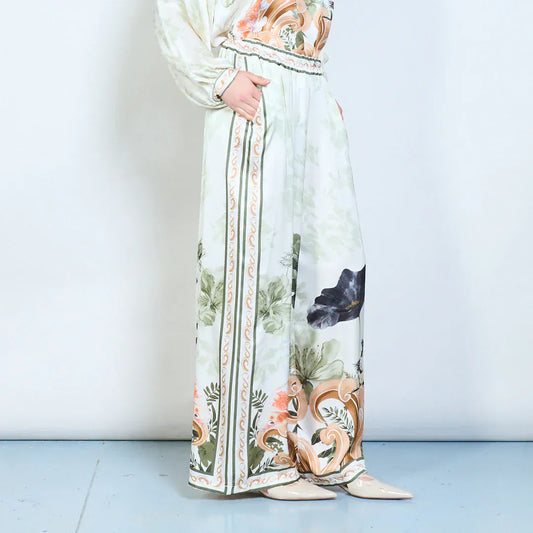 Floral border graphic elastic waist flow wide leg trousers wholesale - DARKOLIVE - Pinkhill