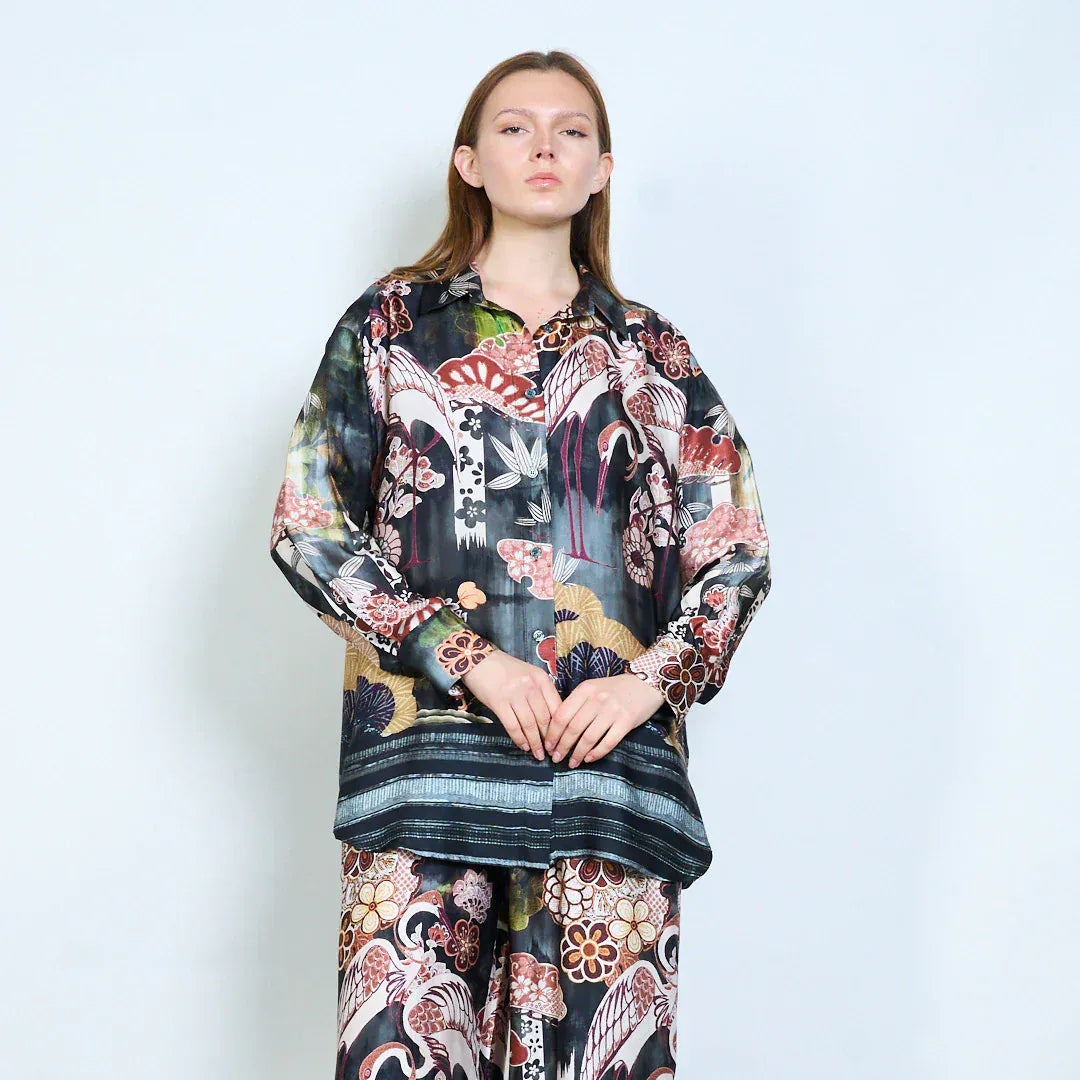 Floral ornamental abstract printed relaxed blouse wholesale - BLACK - Pinkhill