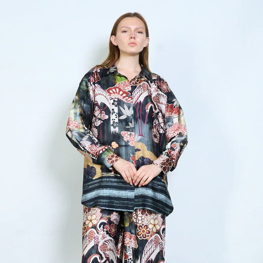 Floral ornamental abstract printed relaxed blouse wholesale - BLACK - Pinkhill