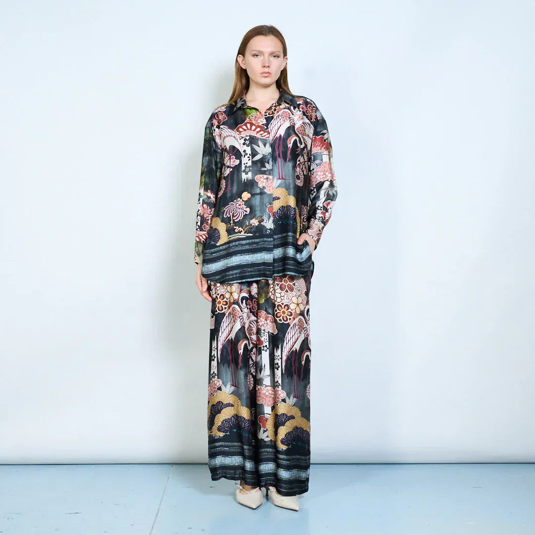 Floral ornamental abstract printed relaxed blouse wholesale - BLACK - Pinkhill