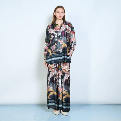 Floral ornamental abstract printed relaxed blouse wholesale - BLACK - Pinkhill