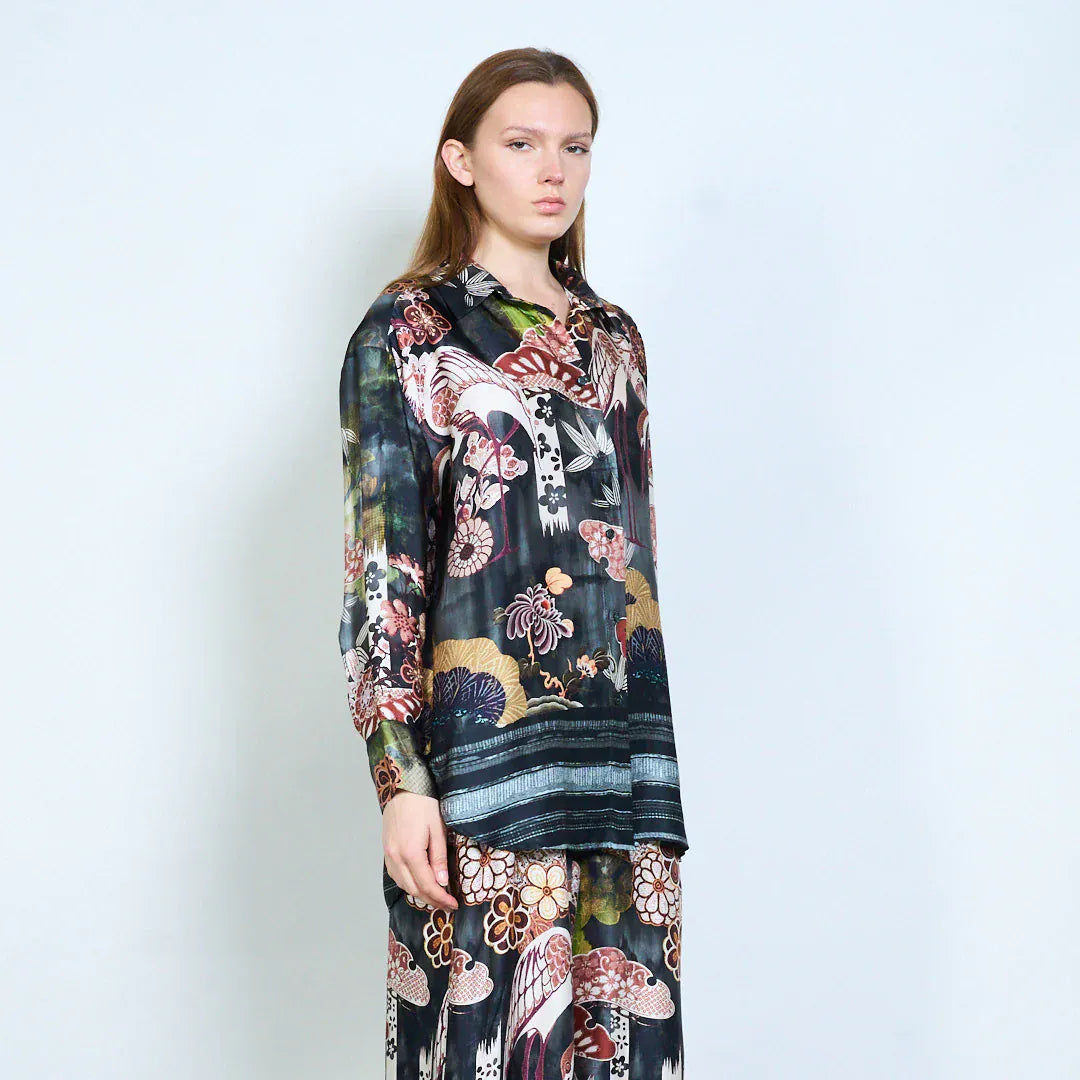 Floral ornamental abstract printed relaxed blouse wholesale - BLACK - Pinkhill