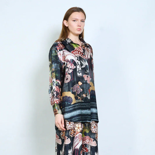Floral ornamental abstract printed relaxed blouse wholesale - BLACK - Pinkhill