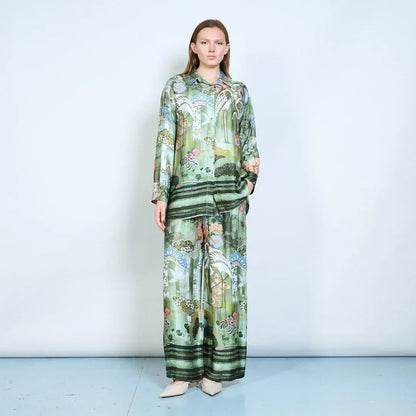 Floral ornamental abstract printed relaxed blouse wholesale - DARKOLIVE - Pinkhill