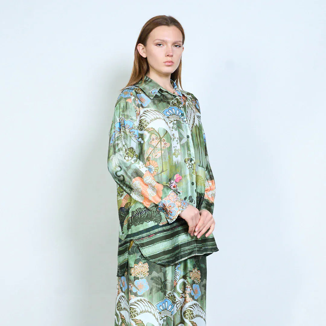 Floral ornamental abstract printed relaxed blouse wholesale - DARKOLIVE - Pinkhill