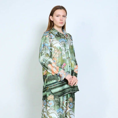 Floral ornamental abstract printed relaxed blouse wholesale - DARKOLIVE - Pinkhill