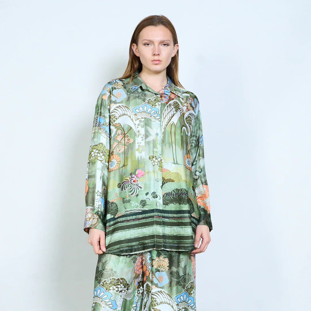 Floral ornamental abstract printed relaxed blouse wholesale - DARKOLIVE - Pinkhill