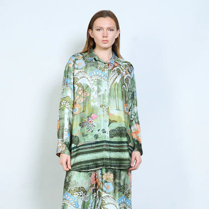 Floral ornamental abstract printed relaxed blouse wholesale - DARKOLIVE - Pinkhill