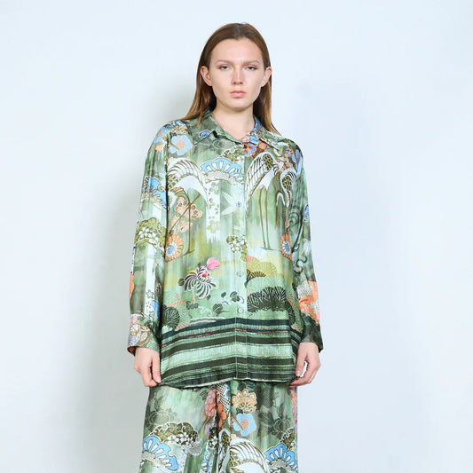 Floral ornamental abstract printed relaxed blouse wholesale - DARKOLIVE - Pinkhill