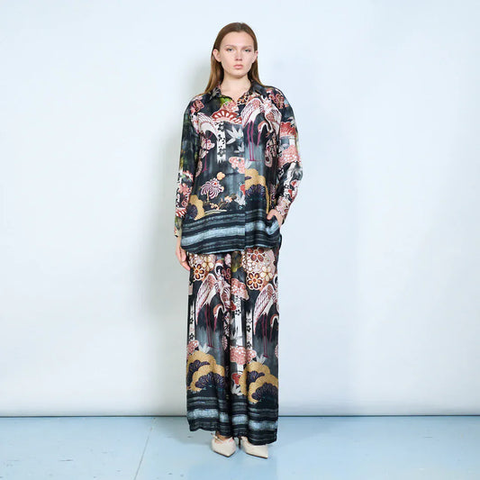 Floral ornamental printed elastic waist relaxed trousers wholesale - BLACK - Pinkhill