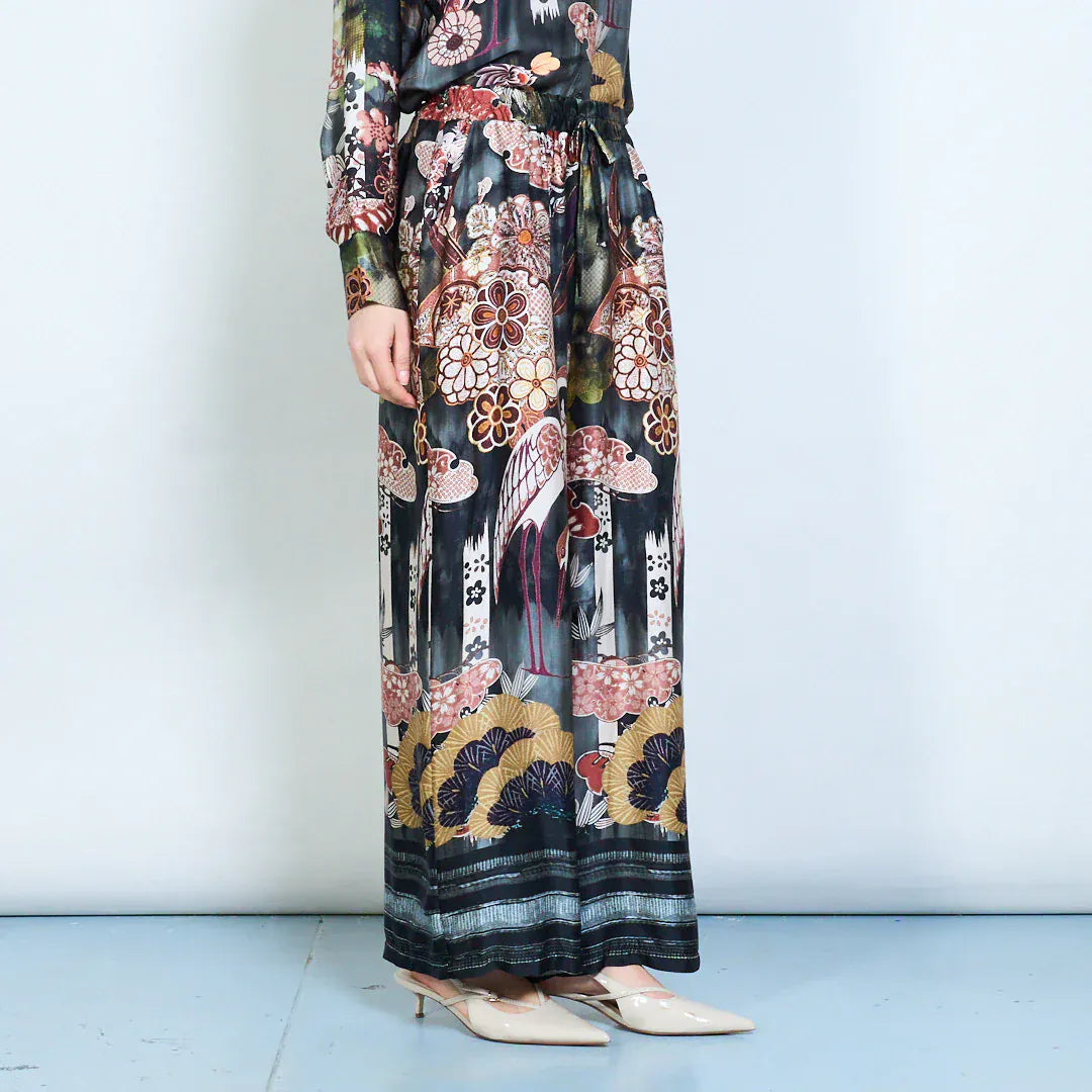 Floral ornamental printed elastic waist relaxed trousers wholesale - BLACK - Pinkhill