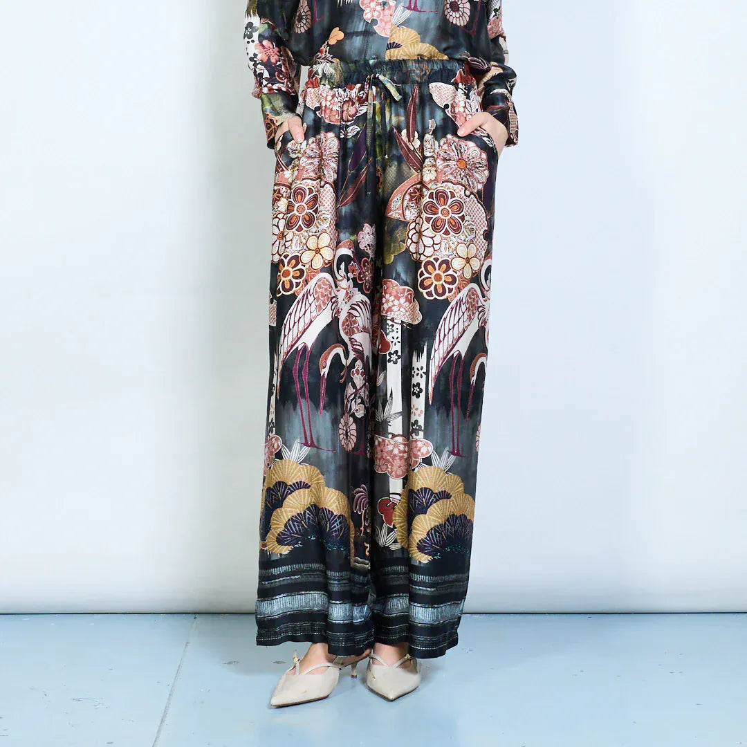 Floral ornamental printed elastic waist relaxed trousers wholesale - BLACK - Pinkhill